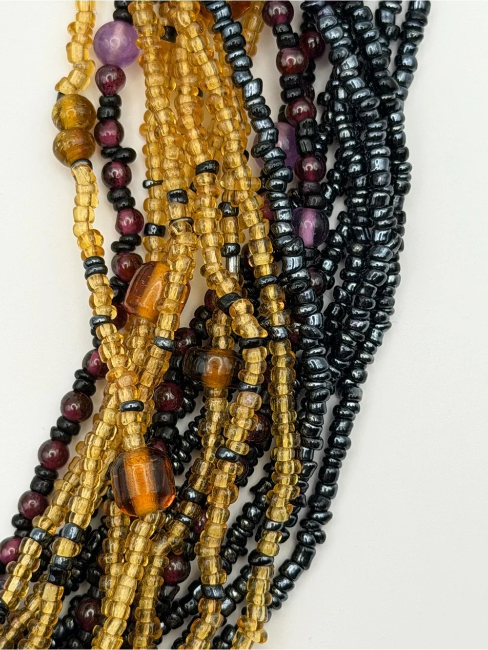 Vintage Multi-Strand Black & Gold Beaded Necklace & Clip-On Earrings Set